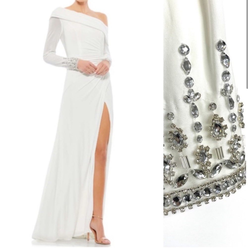 MAC DUGGAL Asymmetric Jeweled Cuff Drop Faux Wrap Gown NEW Size 8 White Dress